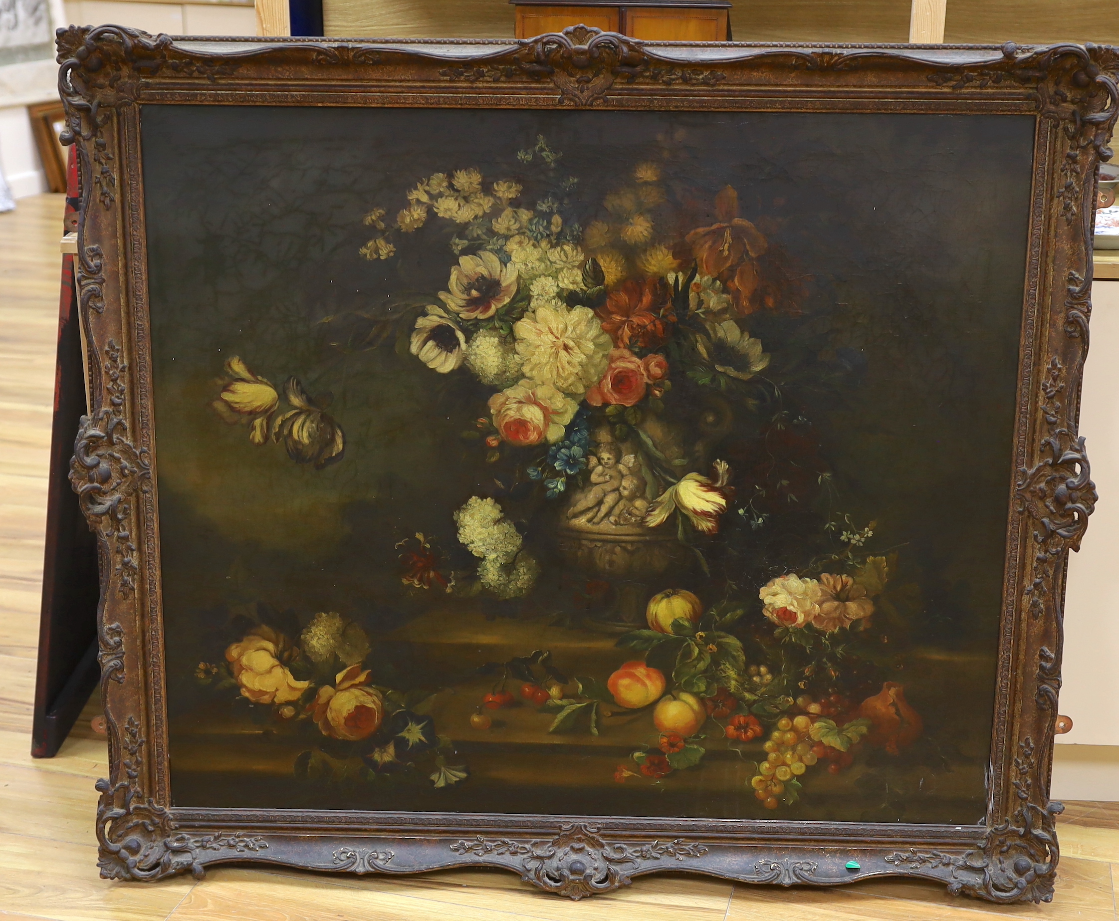 18th / 19th century School, oil on canvas, Still life of flowers and fruit, 91 x 108cm